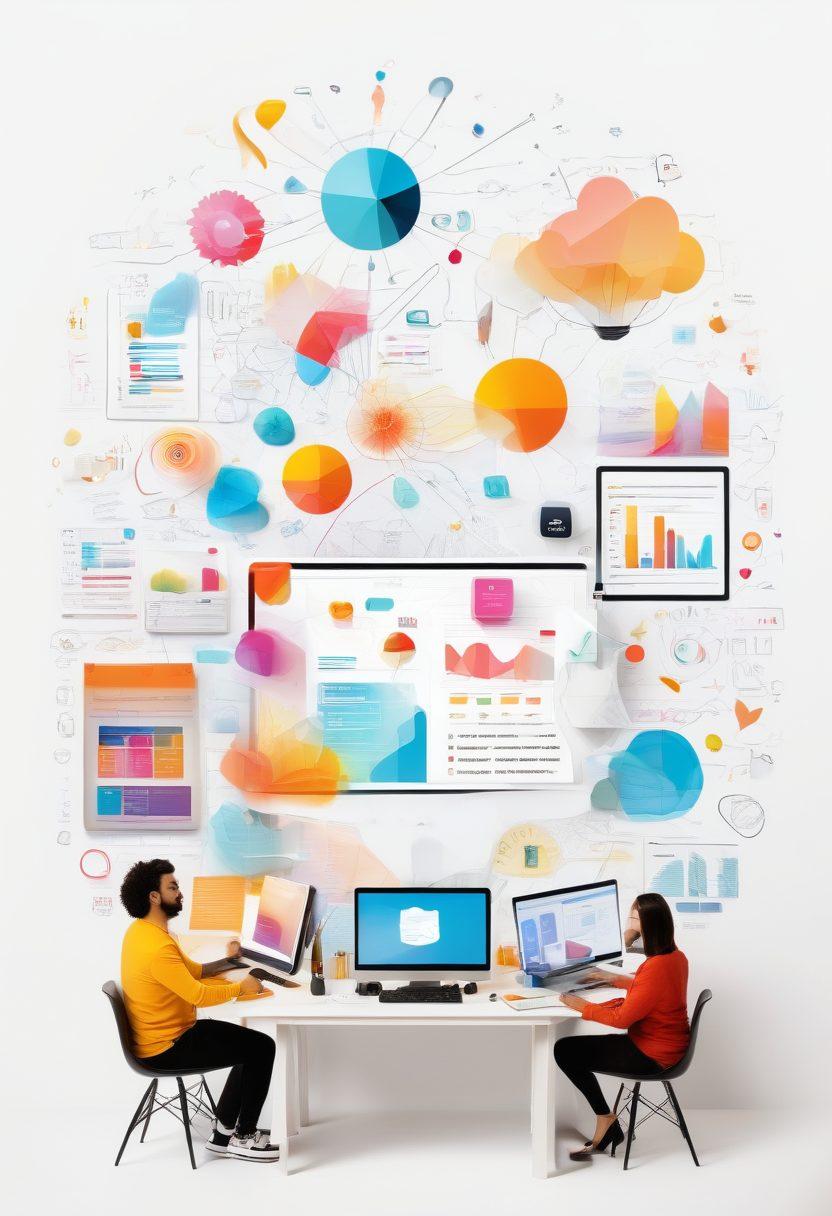 A vibrant collage of digital elements representing a thriving blogosphere, featuring diverse content creators brainstorming ideas, typing on laptops, and sharing tips in a modern workspace. Surround them with colorful graphs and charts symbolizing content development trends of 2023. Include abstract icons related to blogging such as pens, lightbulbs, and network connections. super-realistic. vibrant colors. white background.