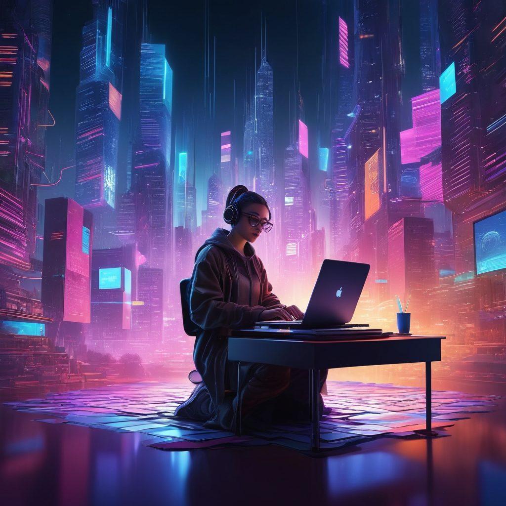 A futuristic writer navigating a digital landscape filled with floating pages, glowing keyboards, and vibrant social media icons. The scene features an open laptop with a splash of color, surrounded by ethereal lines representing connectivity and creativity. Include a glowing pen symbolizing inspiration and innovation. The background is a blend of soft gradients, enhancing the digital theme. vibrant colors. cyberpunk.
