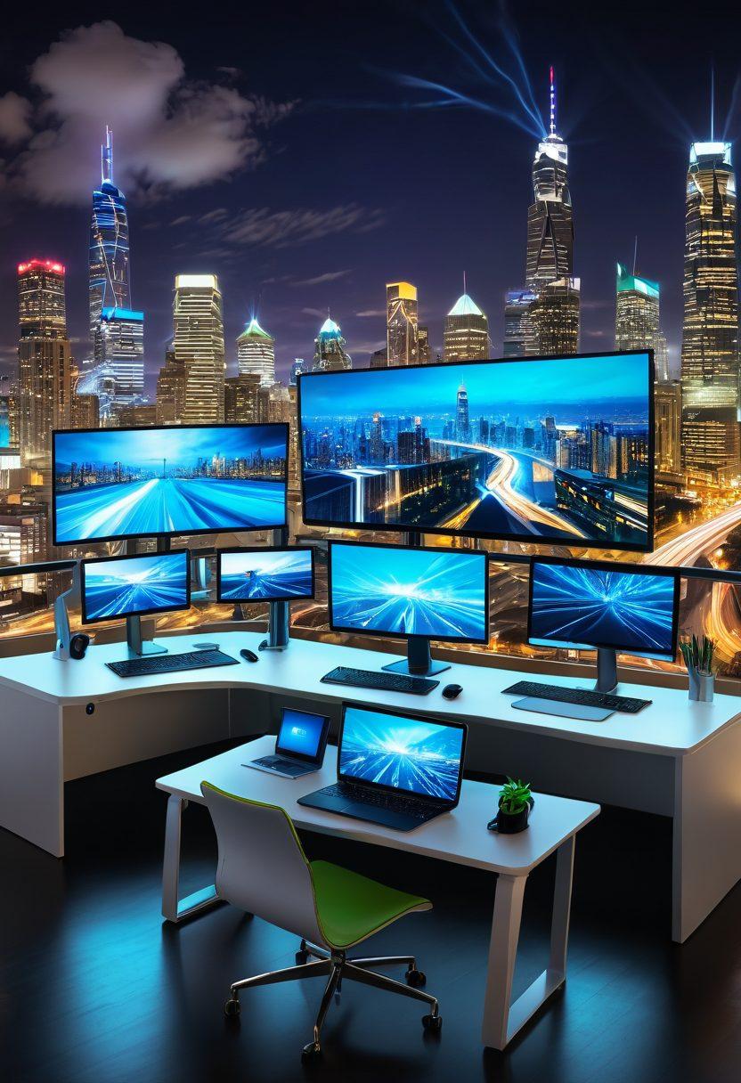 A futuristic digital workspace featuring an array of e-publishing tools like tablets, laptops, and immersive VR headsets, surrounded by floating multimedia elements such as video clips, audio waves, and interactive graphics. The background showcases a vibrant city skyline symbolizing connectivity. Lively colors to evoke innovation and creativity. 3D. vibrant colors.